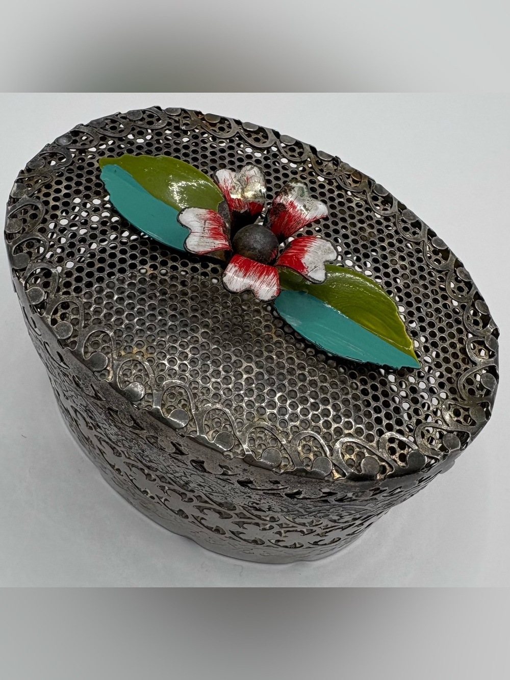 Vintage Metal Trinket Box Shaped Mesh w/ Metal Flower Top